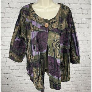NWT Tantrums Green & Purple Rose Pleated Wood Buttoned 3/4 Sleeve Blouse Size 1X